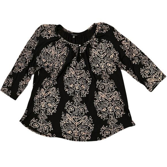 Lucky Brand Top XL Boho Block Print Blouse Floral 3/4 Sleeve Lightweight Stretch - Picture 1 of 11